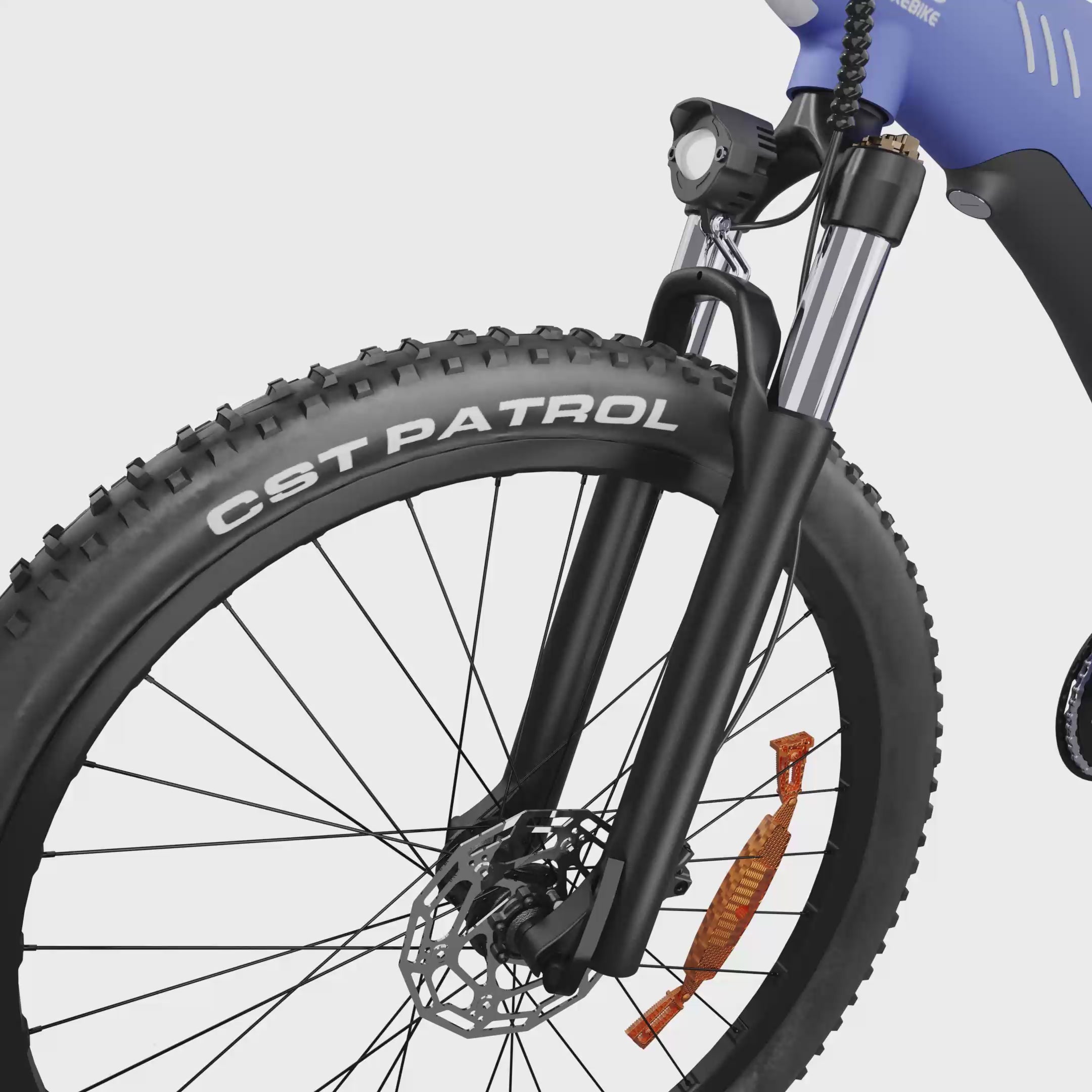 Load video: <p>Designed for off-road riding, the suspension fork minimizes vibration and impact, keeping the front wheel planted for improved stability, traction, and rider comfort on rugged terrain.</p>